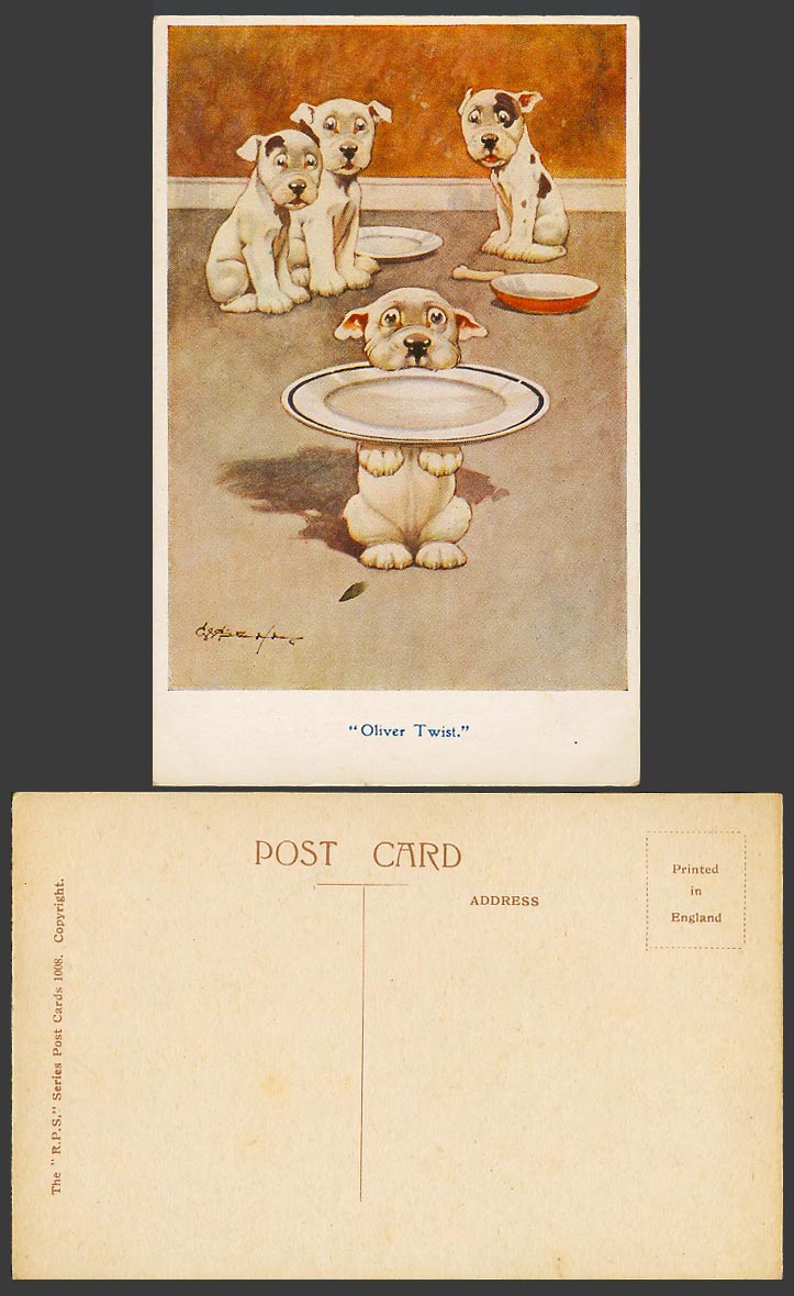 BONZO DOG G.E. Studdy Old Postcard OLIVER TWIST Plates Bone Puppy Dogs No. 1008