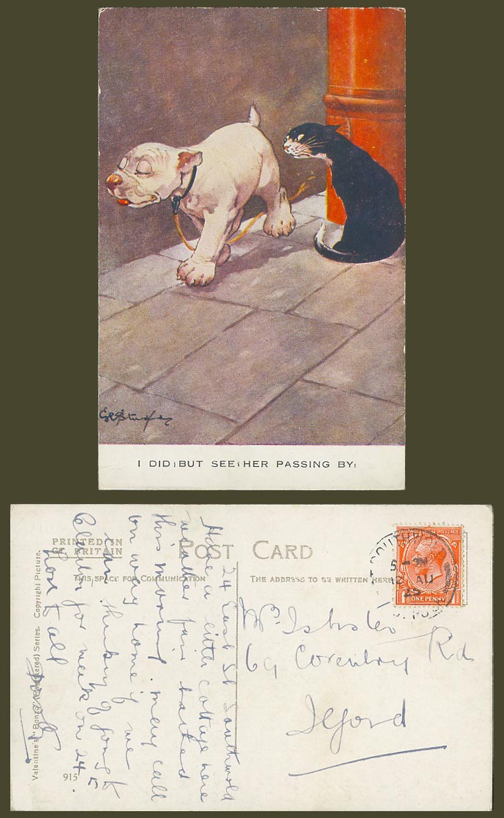 BONZO DOG GE Studdy 1925 Old Postcard Black Cat I Did But See Her Passing By 915