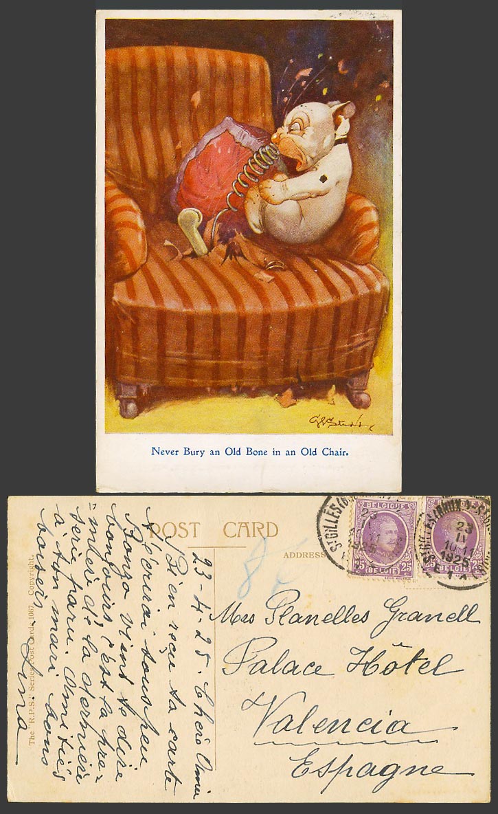 BONZO DOG GE Studdy 25c x 2 1925 Old Postcard Never Bury Old Bone Old Chair 1067