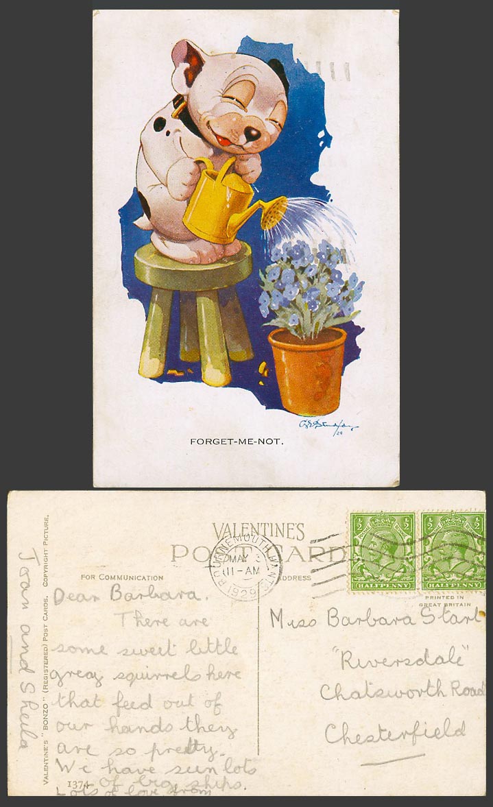 BONZO DOG GE Studdy 1929 Old Postcard Forget-Me-Not Flowers & Watering Can 1374