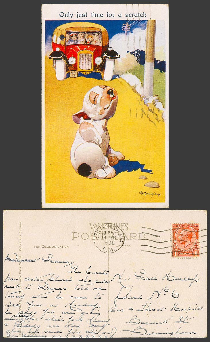 BONZO Dog GE Studdy 1930 Old Postcard Only Just Time For A Scratch, Bus Car 1640