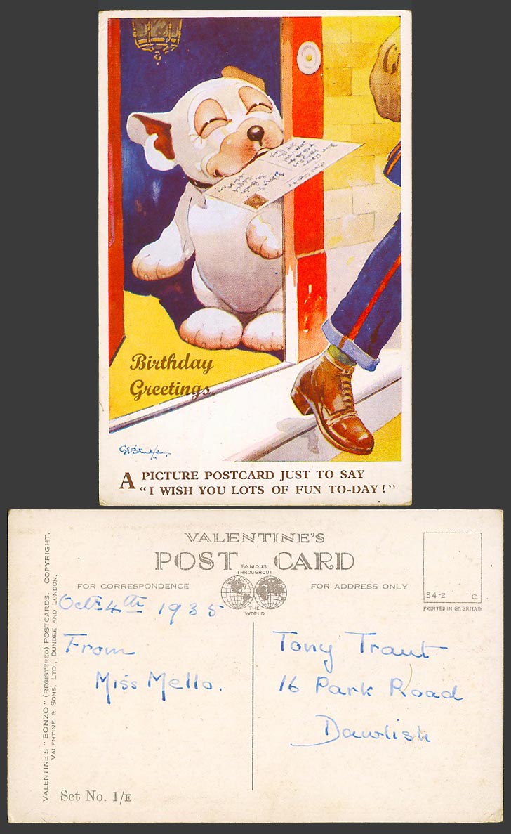 BONZO DOG GE Studdy 1935 Old Postcard Postman Fun Birthday Greetings Set No. 1/E