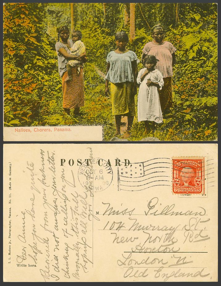 Panama US 2c 1908 Old Colour Postcard Natives, Chorera, Native Women Girls Baby