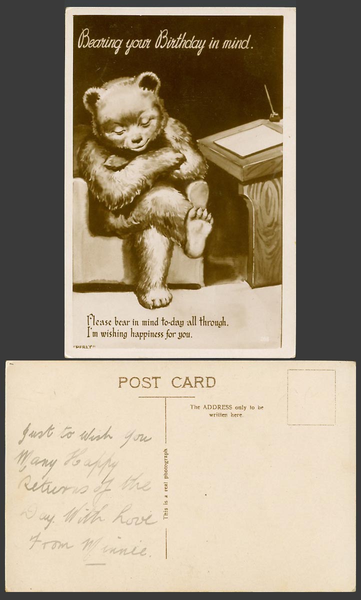 Teddy Bear, Bearing your Birthday in mind, Wishing Happiness, Perly Old Postcard