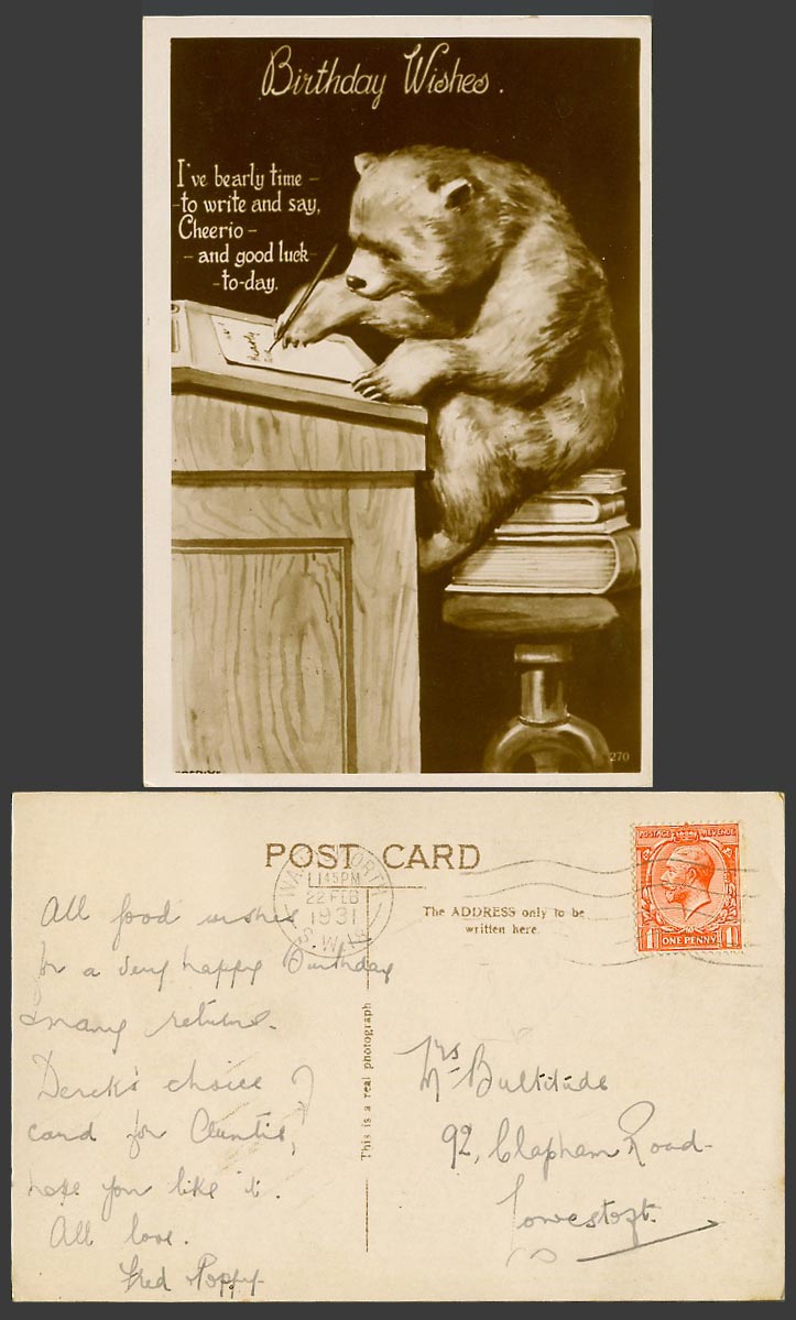 Teddy Bear Birthday Wishes Bearly Time to Say Good Luck Perly 1931 Old Postcard