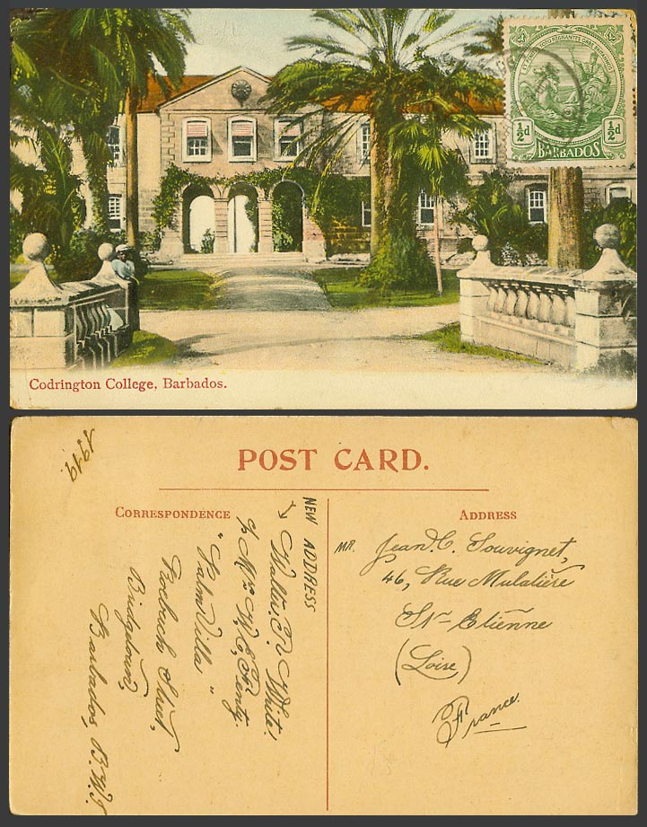 Barbados 1/2d 1919 Old Colour Postcard Codrington College, School, Palm Trees