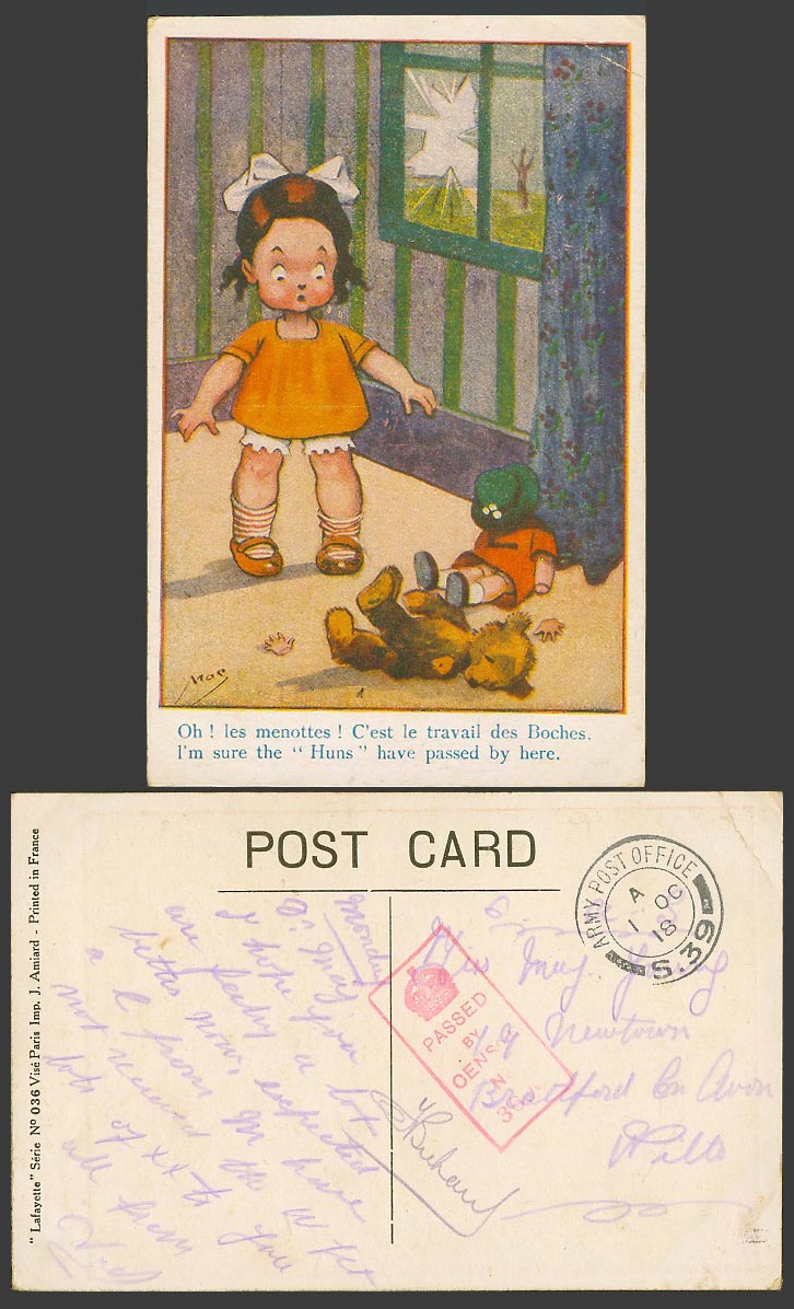 Teddy Bear Mac Artist Signed Censored 1918 Old Postcard Huns have passed by here