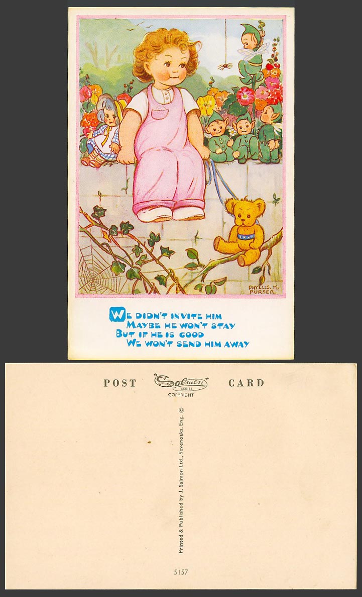 Phyllis M. Purser Old Postcard Teddy Bear, Fairies Elves, Girl, Doll, Spider Web