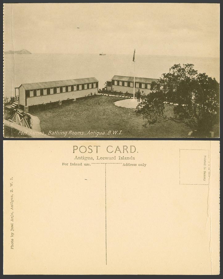 Antigua British West Indies Old Postcard Fort James Bathing Rooms, Flag Fortress