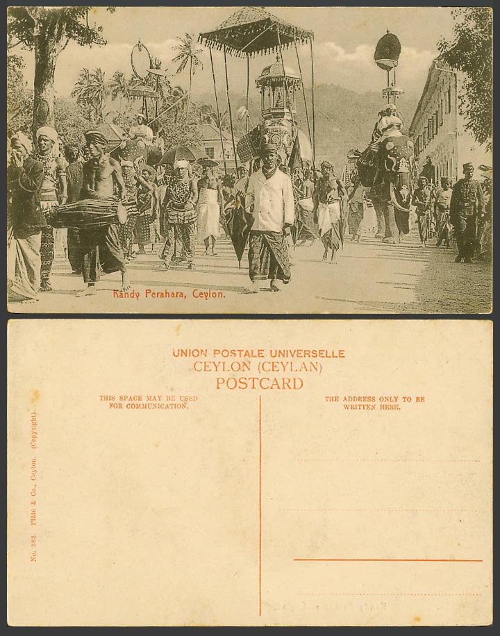 Ceylon Old Postcard Kandy Perahara, Street Procession Elephants Drum Ethnic Life