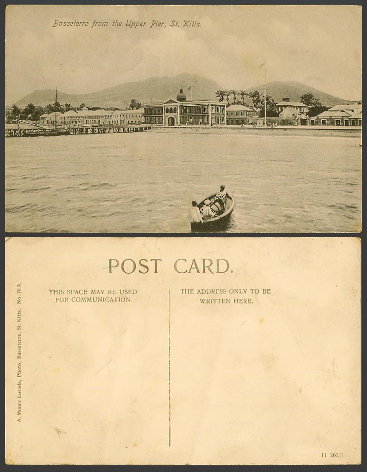 Saint St. Kitts Old Postcard Basseterre from Upper Pier, Boats, Palm Trees Hills