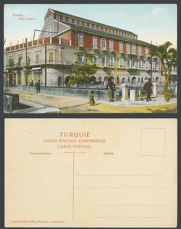 Syria Old Colour Postcard Damascus Damas, Victoria Hotel, Bridge & Street Scene