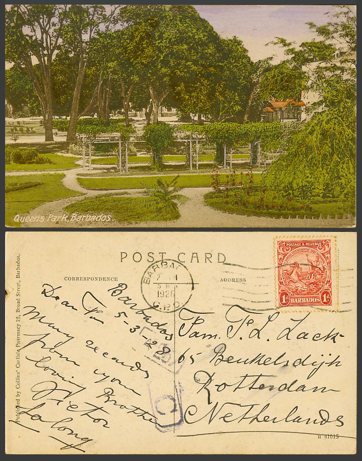 Barbados 1d 1926 Old Colour Postcard Queen's Park, British West Indies B.W.I.