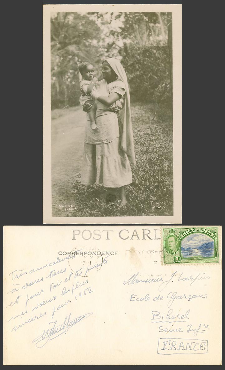 Trinidad & Tobago KG6 1c 1st Boca 1951 Old Real Photo Postcard Indian Woman Baby