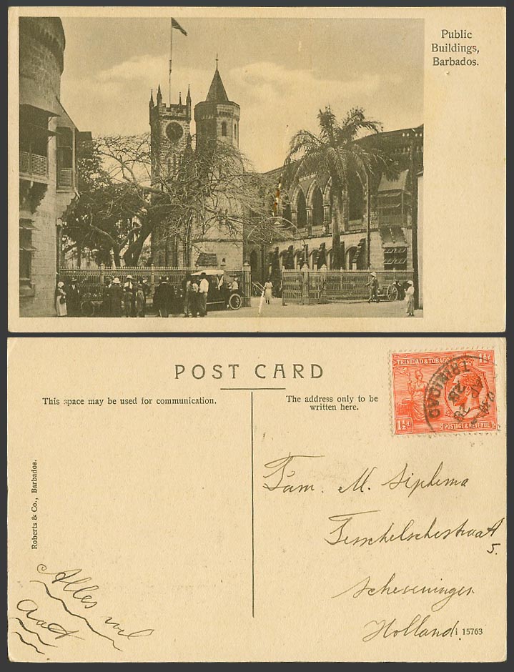 Barbados Public Buildings Clock Tower Trinidad & Tobago 1 1/2d 1928 Old Postcard