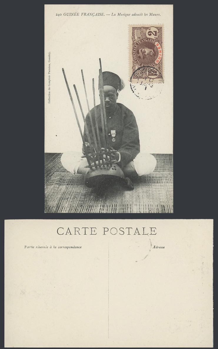 French Guinea Guinee 2c Old Postcard Native Musician Musical Instruments Conakry