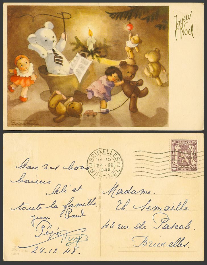 Teddy Bear 1948 Old Postcard Teddy and Polar Bears, Joyeux Noel, Merry Christmas