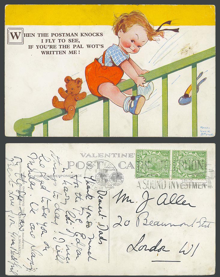 MABEL LUCIE ATTWELL 1933 Old Postcard TEDDY BEAR When Postman Knocks, I Fly 2305