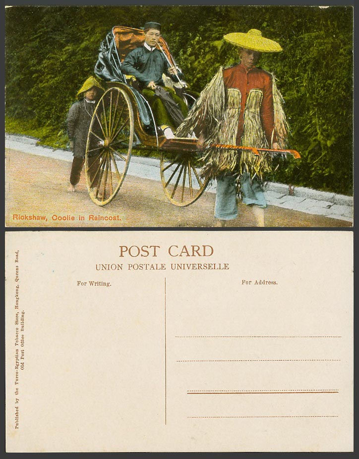 Hong Kong Old Postcard Chinaman Smoking Pipe, Rickshaw Coolie in Bamboo Raincoat