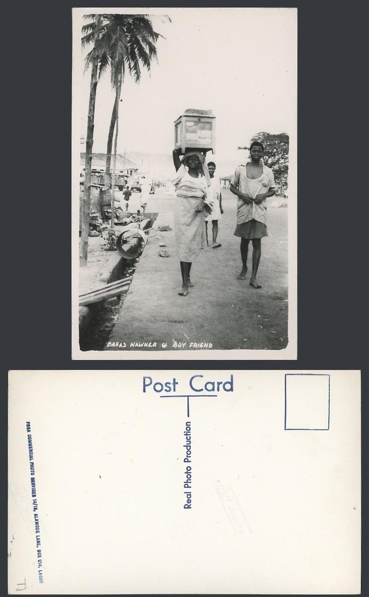 Nigeria Old Real Photo Postcard Lagos, Bread Hawker and Boy Friend, Street Scene