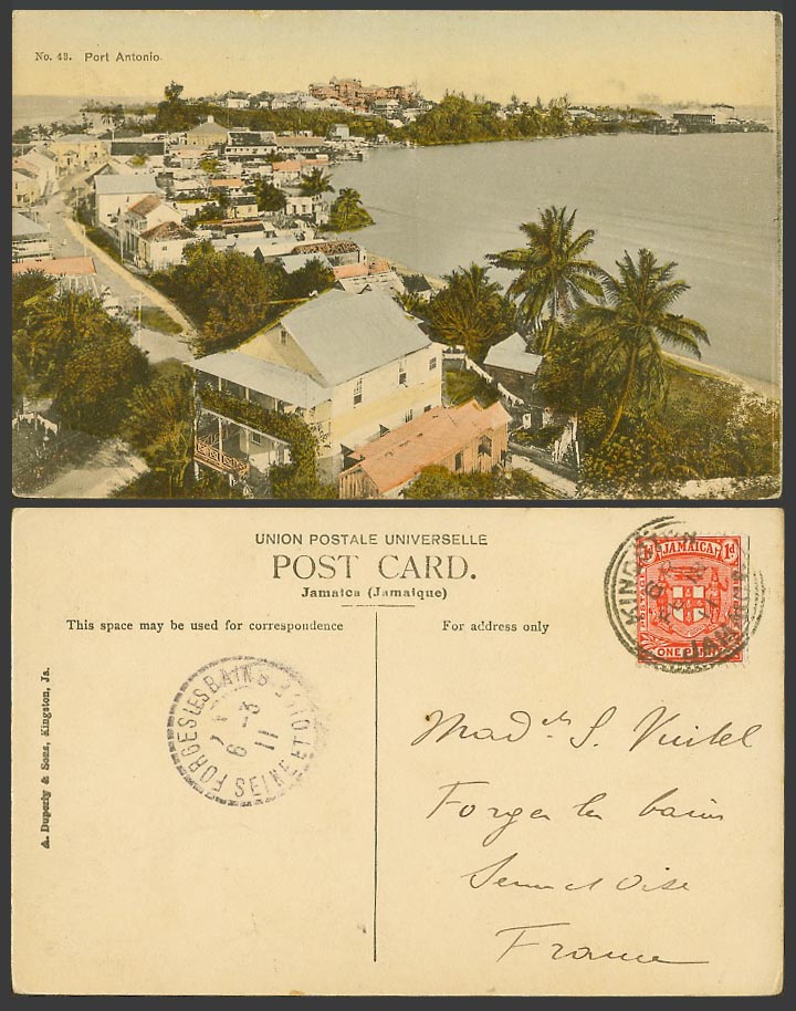 Jamaica 1d Arms 1911 Old Colour Postcard Port Antonio, Street Scene, Panorama