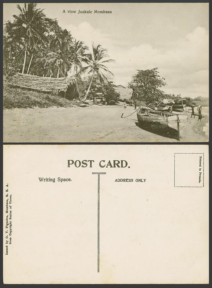 Kenya Old Postcard A View Juakale Mombasa Native Boats on Beach, Hut, Palm Trees