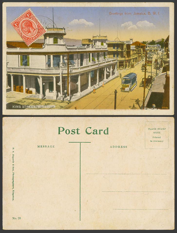 Jamaica 1d Old Colour Postcard Kingston, King Street Scene, TRAM Tramway B.W.I.