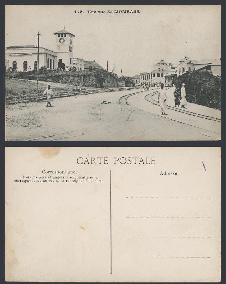 Kenya Old Postcard Une Rue de Mombasa Street Scene Clock Tower Railway Railroads