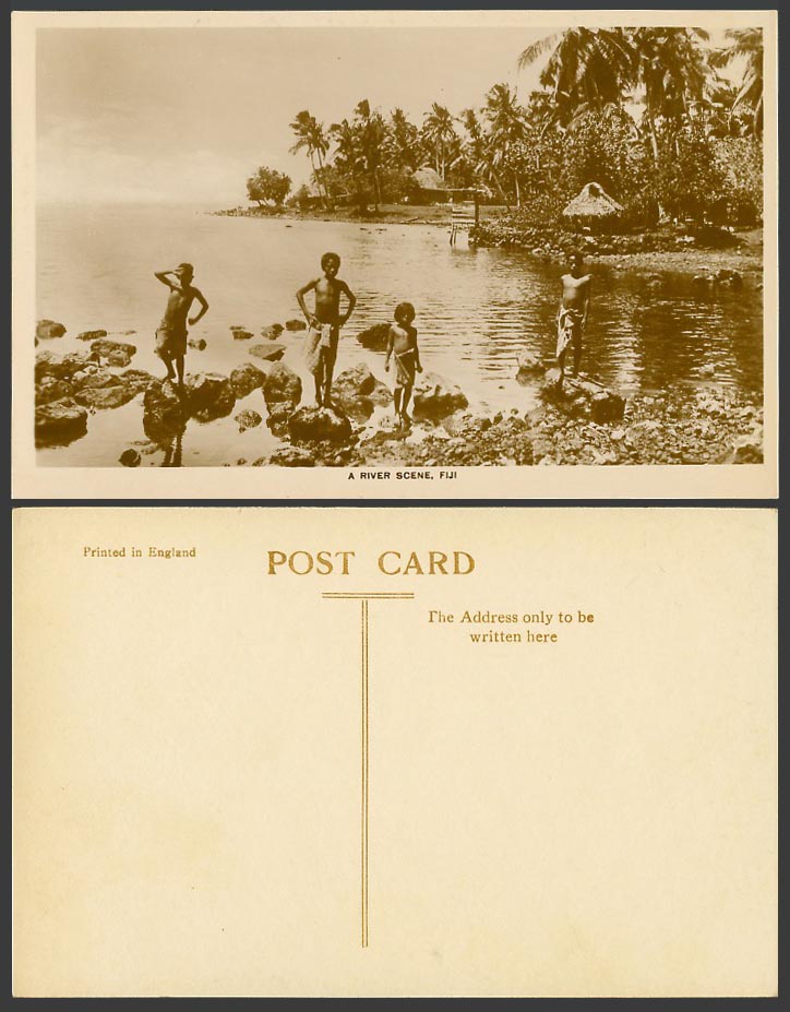 Fiji Old Real Photo Postcard A River Scene Native Children Boys Rocks Palm Trees
