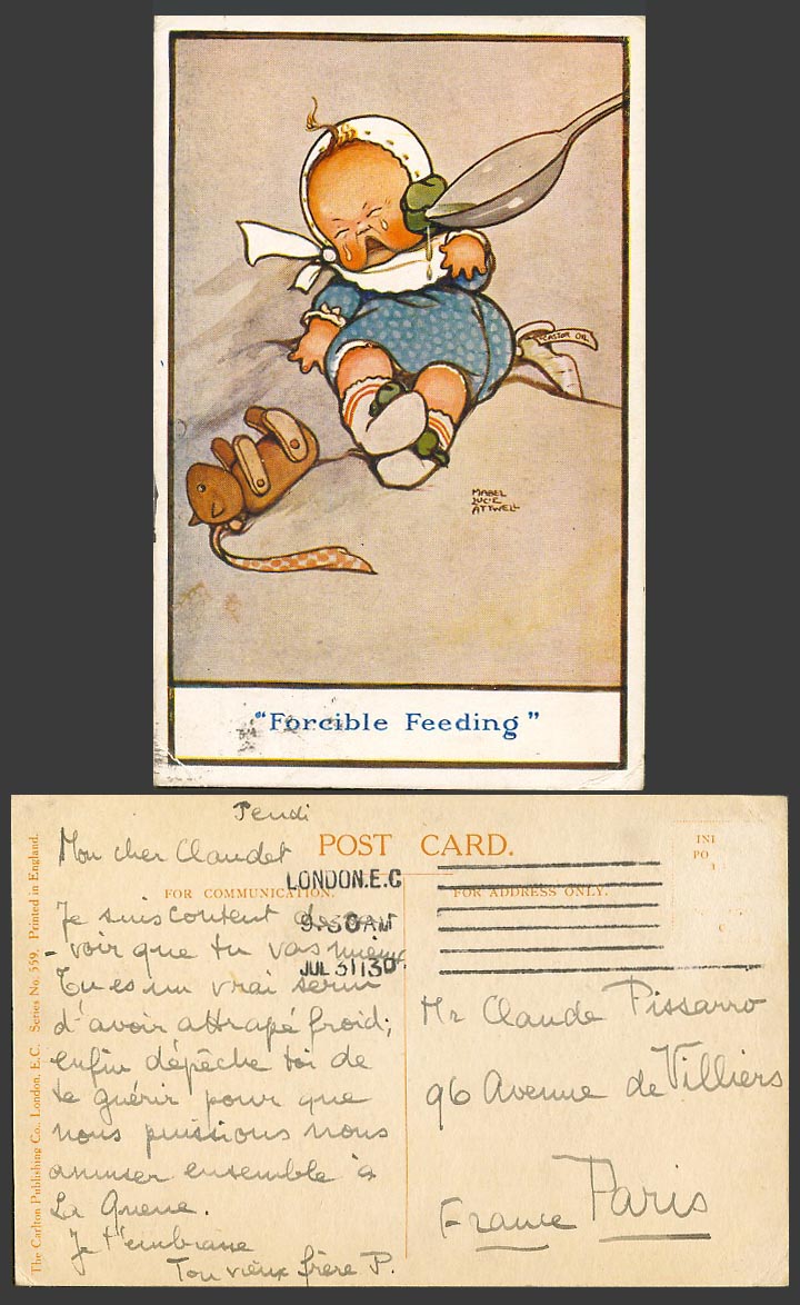MABEL LUCIE ATTWELL 1913 Old Postcard Forcible Feeding Baby Spoon Teddy Bear 559