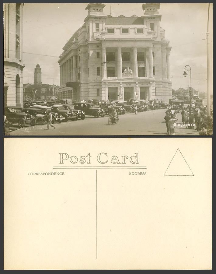 Singapore Old Postcard Fullerton Building, General Post Office, Motorcycle, Cars