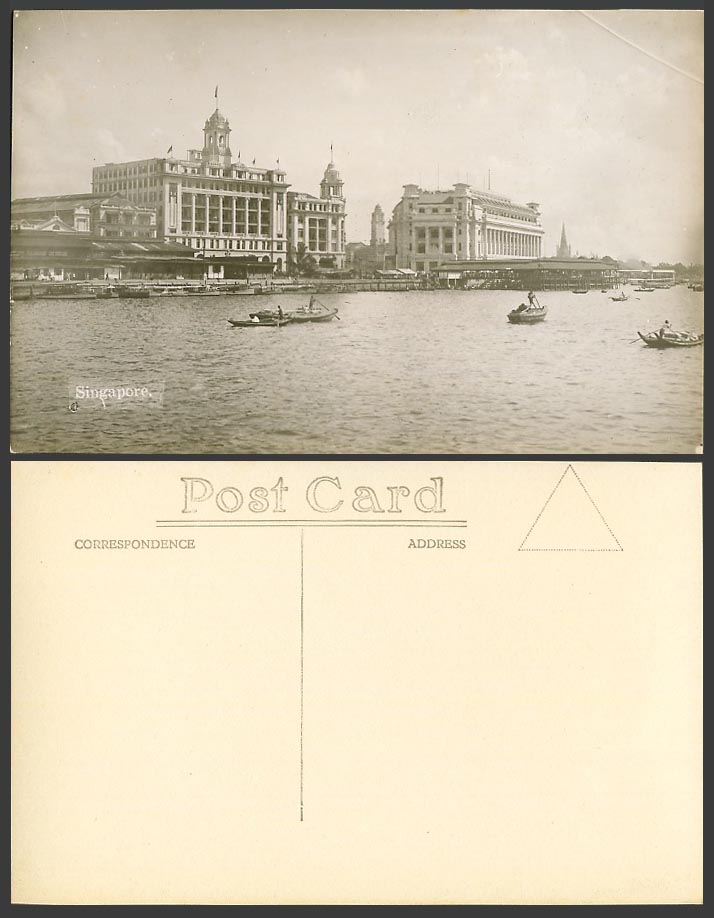Singapore Old Real Photo Postcard View from Sea, General Post Office Wharf Boats