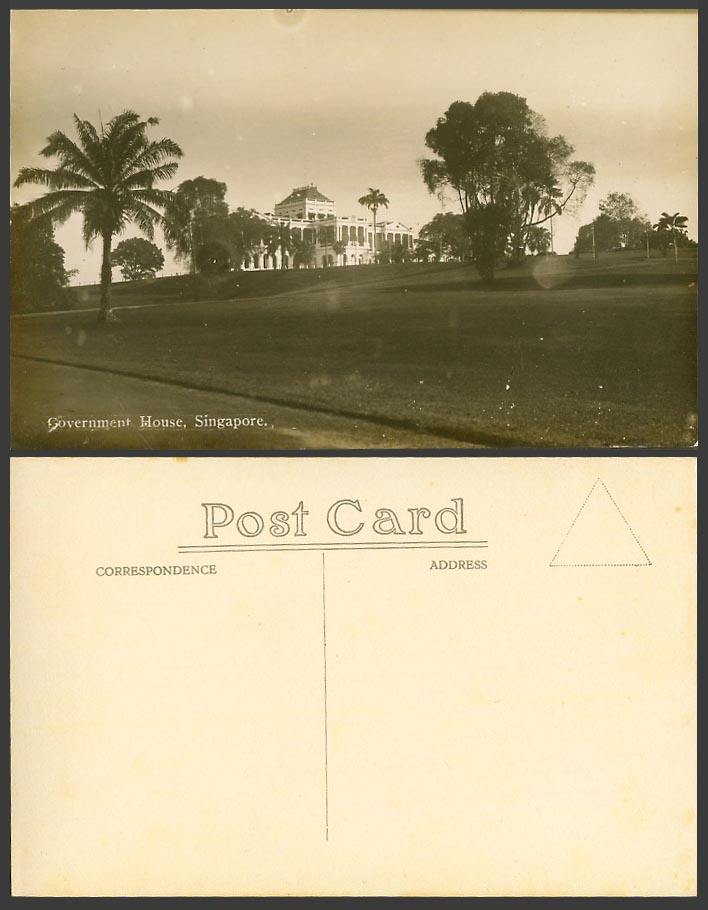 Singapore Old Real Photo Postcard Government House on Hill Buildings Road Street