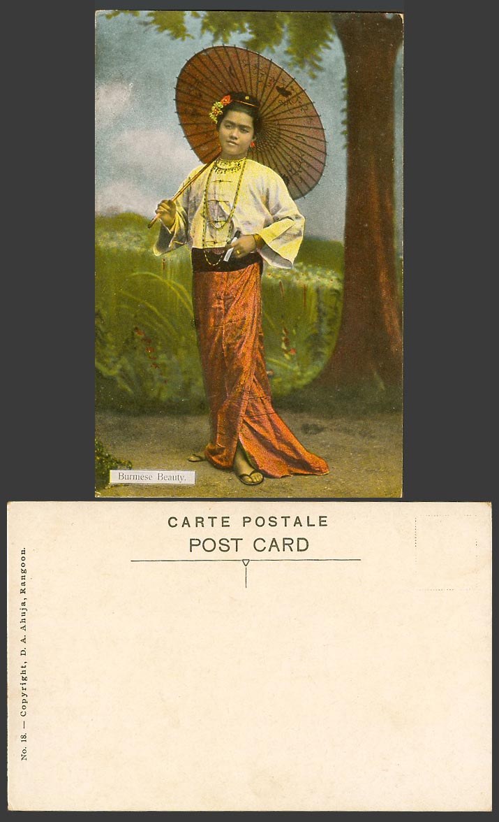 Burma Old Postcard Burmese Beauty, Native Girl Lady Woman with Umbrella Costumes
