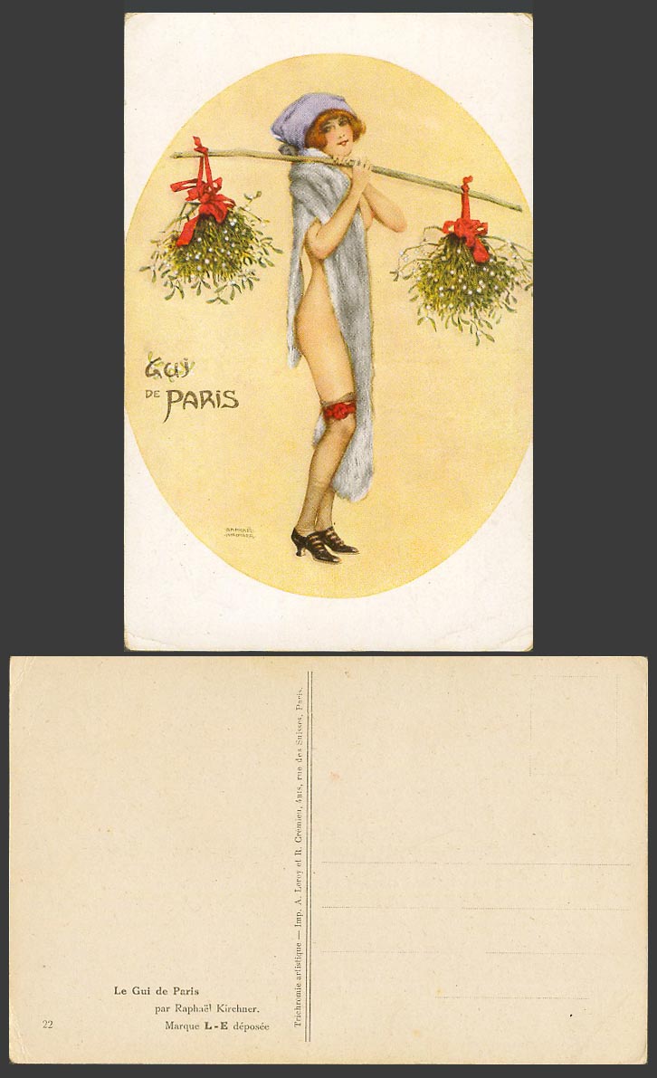 Raphael Kirchner Old Postcard Le Gui de Paris Lady Carrying Mistletoes Christmas