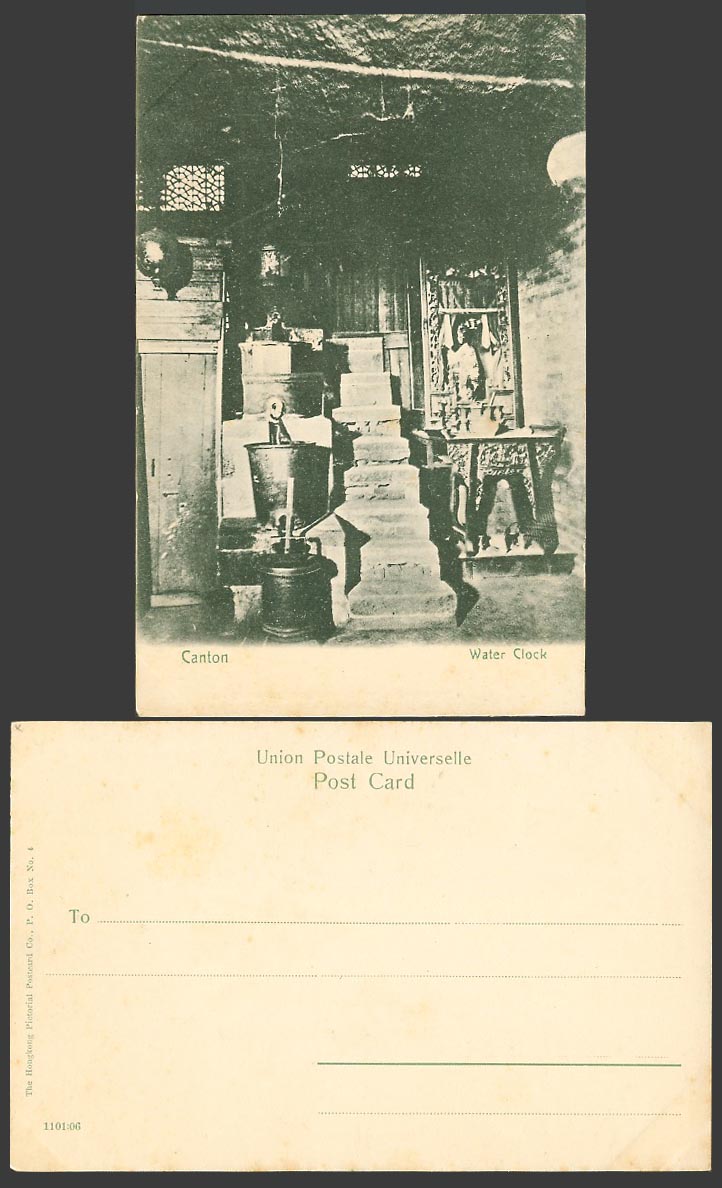 China Old Postcard Canton Water Clock North Worshipping Tower Buckets Brass Pots