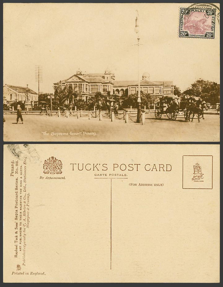 Penang Malay Tiger 20c Old Tuck's Postcard Supreme Court, Street Rickshaw Coolie