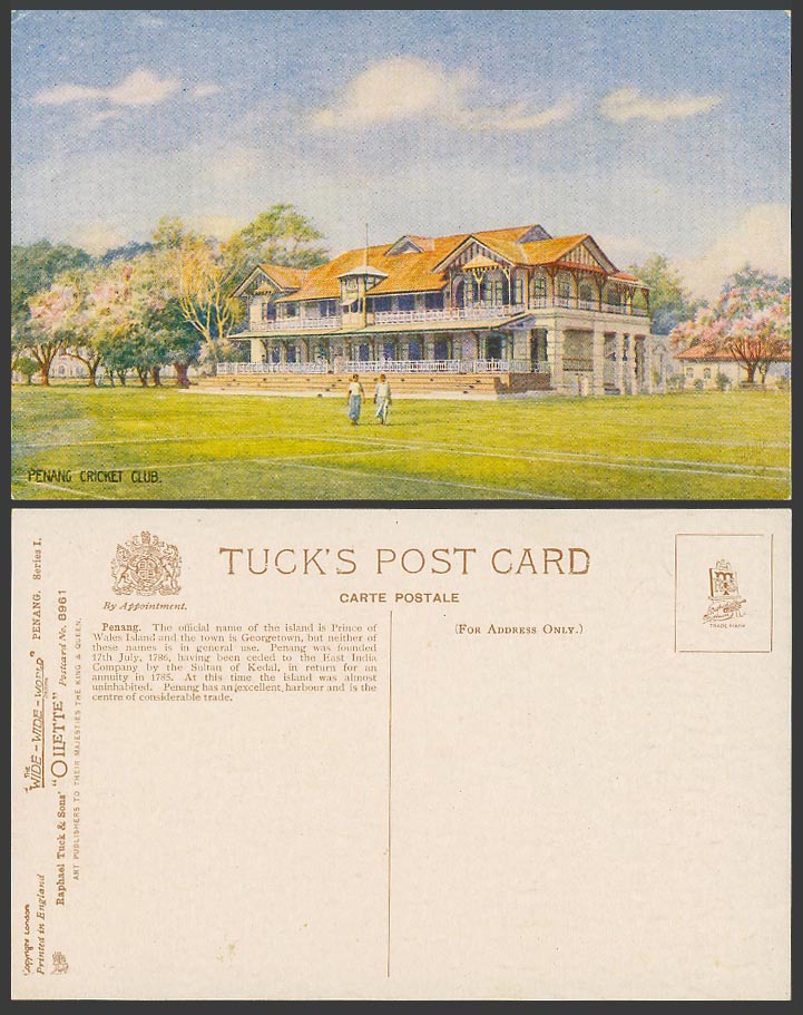 Penang Cricket Club Malaya Old Tuck's Oilette Postcard Sport Sports Artist Drawn