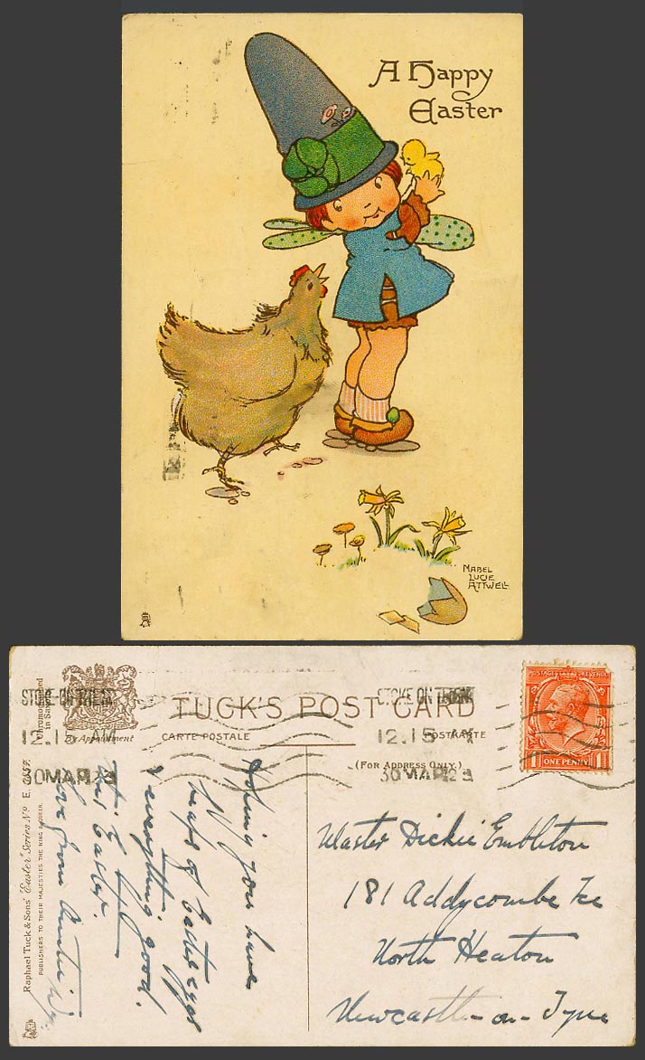 MABEL LUCIE ATTWELL 1923 Old Tuck's Postcard A Happy Easter, Chicken Chick Birds