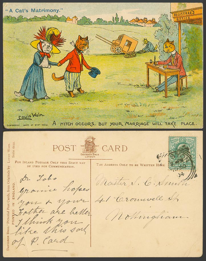 LOUIS WAIN Cat Matrimony Hitch Occurs, But Marriage Take Place 1904 Old Postcard