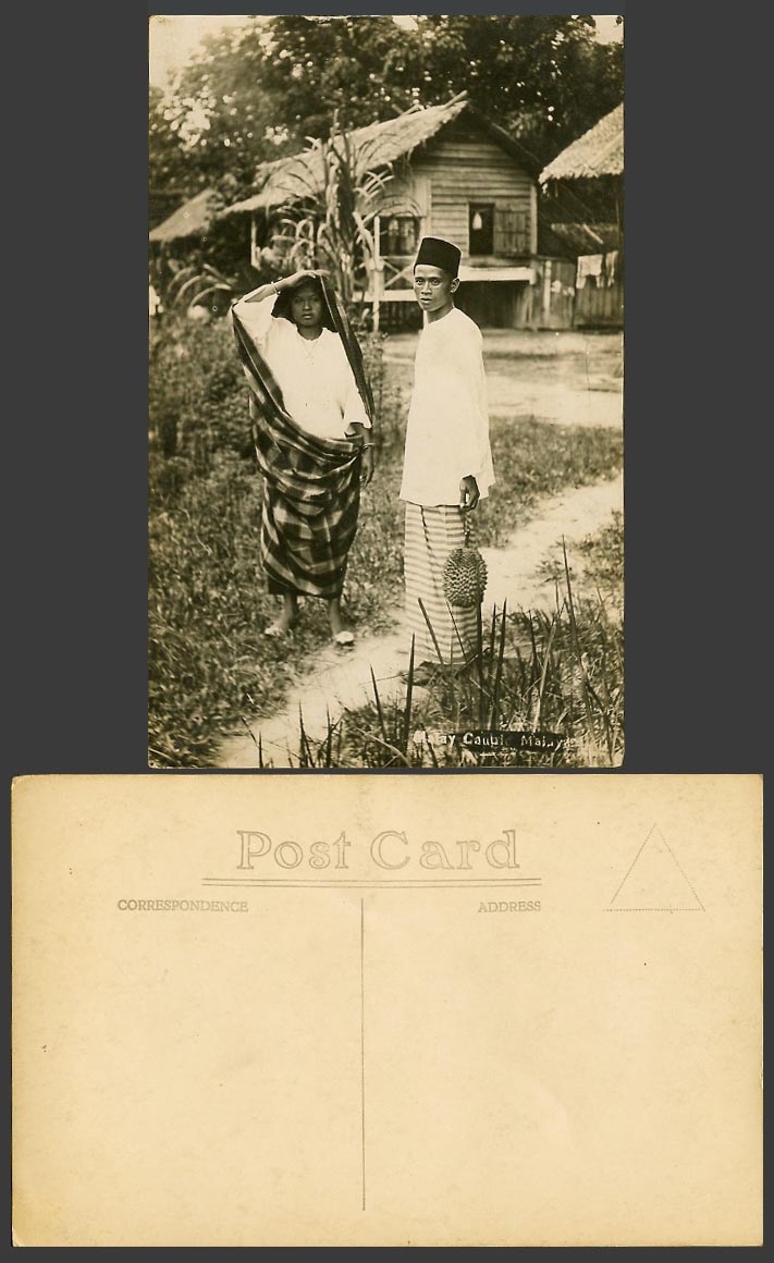 Singapore Old Real Photo Postcard Malay Woman Man holding Durian House on Stilts