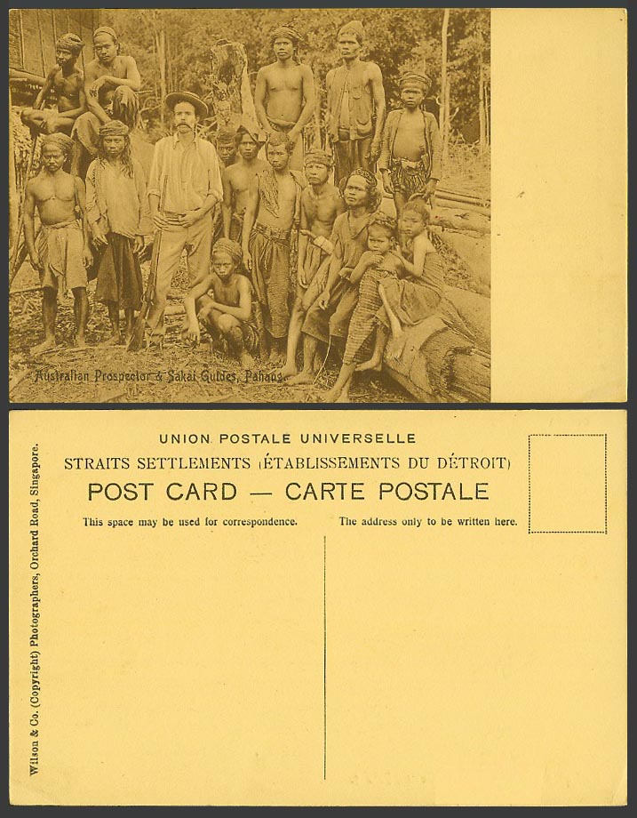 Pahang Old Postcard Australian Prospector and Sakai Guides Native Men & Children