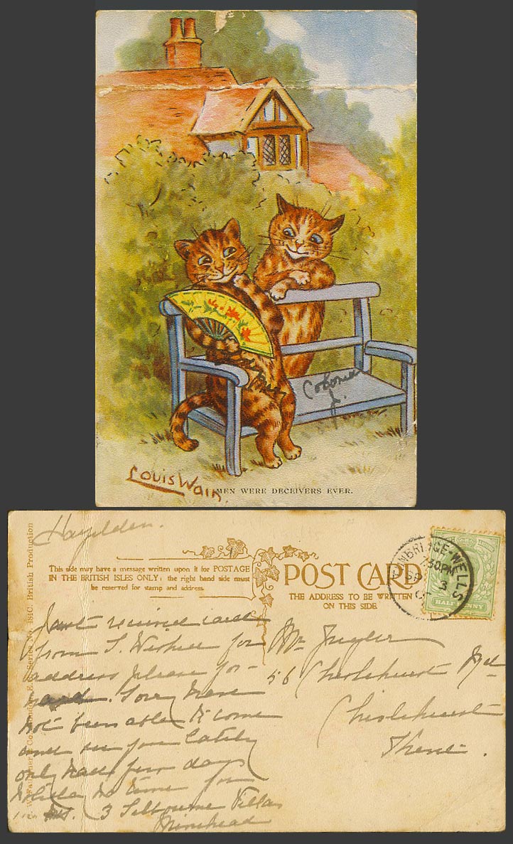 LOUIS WAIN Artist Signed Cat Cats Fan, Men were Deceivers Ever 1907 Old Postcard