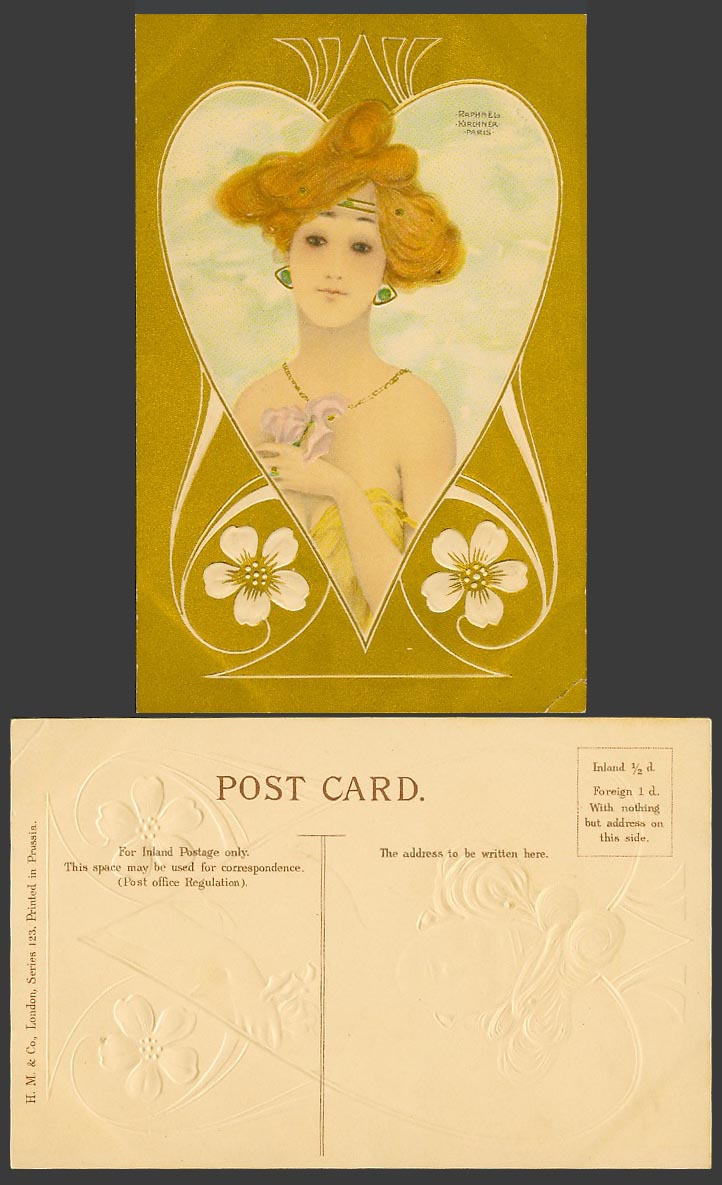 Raphael Kirchner Paris Old Embossed Postcard Glamour Lady Girl Woman and Flowers