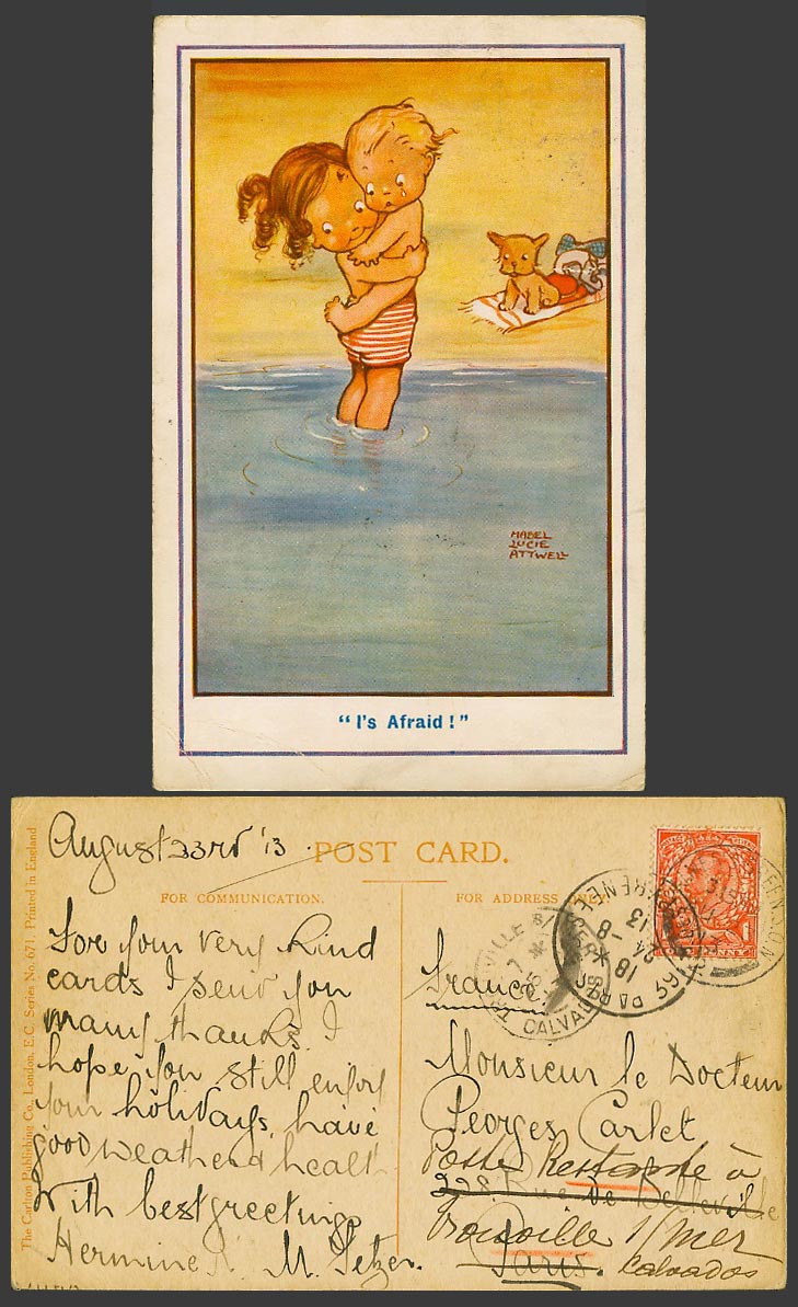 MABEL LUCIE ATTWELL KG5 1d Perfin 1913 Old Postcard I's Afraid! Girl Boy Dog 671
