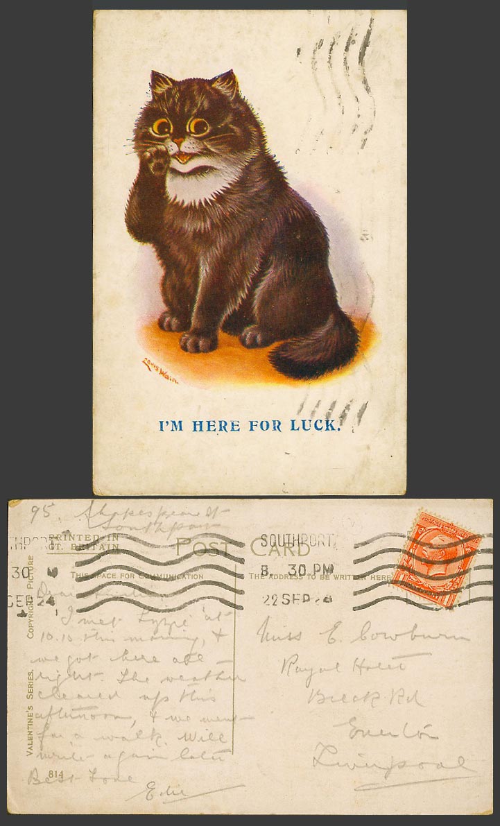 Louis Wain Artist Signed, A Black Cat Kitten I'm Here For Luck 1924 Old Postcard