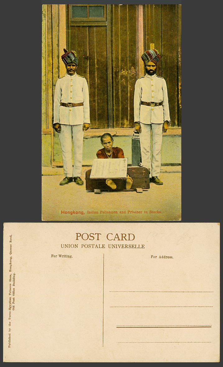 Hong Kong China Old Postcard British Indian Policemen Police, Prisoner in Stocks