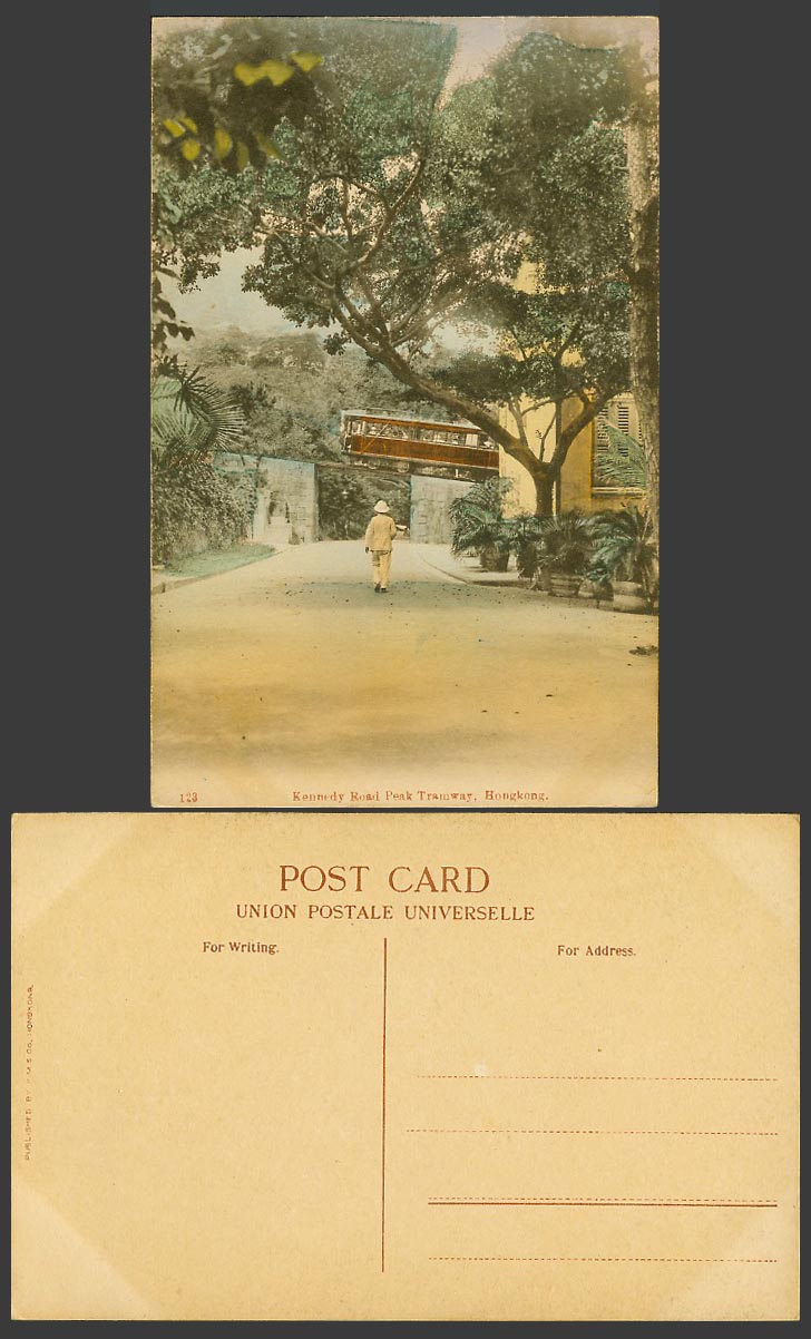 Hong Kong Old Hand Tinted Postcard Kennedy Road Peak Tramway, TRAM Bridge Street