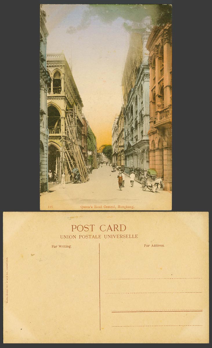 Hong Kong Old Hand Tinted Postcard Queen's Road Central, Street Scene & Rickshaw