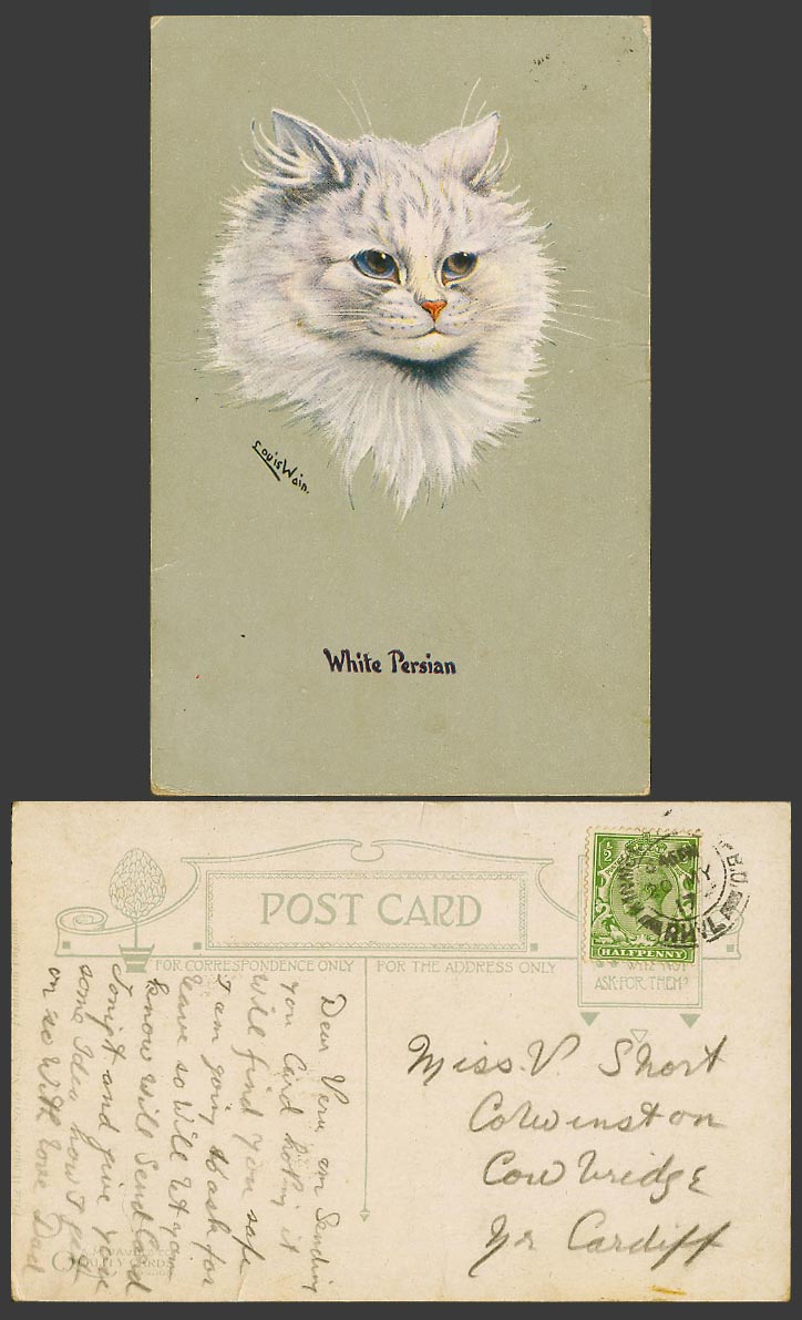 LOUIS WAIN Artist Signed White Persian Cat 1917 Old Postcard Prize Winner Series